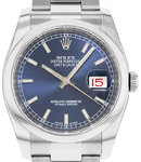 Datejust 36mm in Steel with Domed Bezel on Steel Oyster Bracelet with Blue Stick Dial