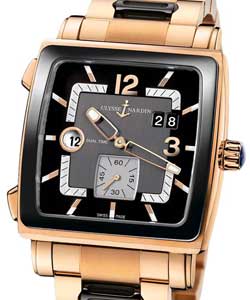 Quadrato Dual Time 42mm in Rose Gold with Ceramic Bezel on Rose Gold Bracelet with Black Dial
