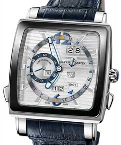 Quadrato Dual Time Perpetual 42mm in White Gold with Ceramic Bezel on Blue Crocodile Leather Strap with Silver  Dial