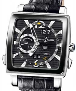Quadrato Dual Time Perpetual in White Gold with Ceramic Bezel on Black Crocodile Leather Strap with Black Dial
