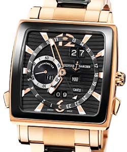 Quadrato Dual Time Perpetual in Rose Gold with Ceramic Bezel on Rose Gold Bracelet with Black Dial