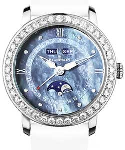 Women Complete Calendar Moon Phase in Steel with Diamonds Bezel on White Strap with Blue Mother of Pearl Dial