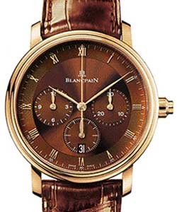 Villeret Single Push Chronograph in Rose Gold on Brown Crocodile Leather Strap with Brown Dial