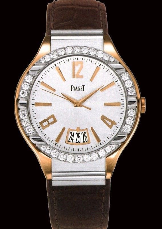 Polo Men's Extra Large in Rose Gold with White Gold Diamond Bezel on Brown Leather with Silver Dial