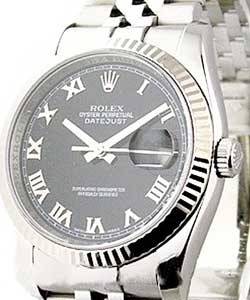 Datejust 36mm in Steel with White Gold Fluted Bezel on Steel Jubilee Bracelet with Black Roman Dial