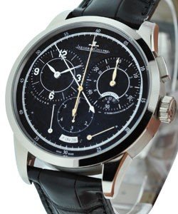 Duometre a Chronographe in White Gold on Black Crocodile Leather Strap with Black Dial