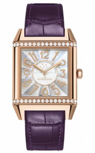 Reverso Squadra Lady Automatic in Rose Gold with Diamond Bezel on Purple Crocodile Leather Strap with Mother of Pearl Dial