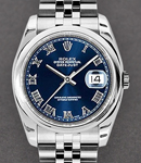 Datejust 36mm in Steel with Domed Bezel on Steel Jubilee Bracelet with Blue Roman Dial
