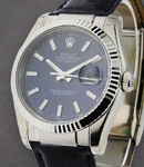 Datejust in White Gold with Fluted Bezel on Black Alligator Leather Strap with Blue Stick Dial
