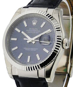 Datejust in White Gold with Fluted Bezel on Black Alligator Leather Strap with Blue Stick Dial