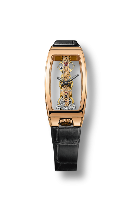 Golden Bridge in Rose Gold on Black Leather Strap with Skeleton Dial