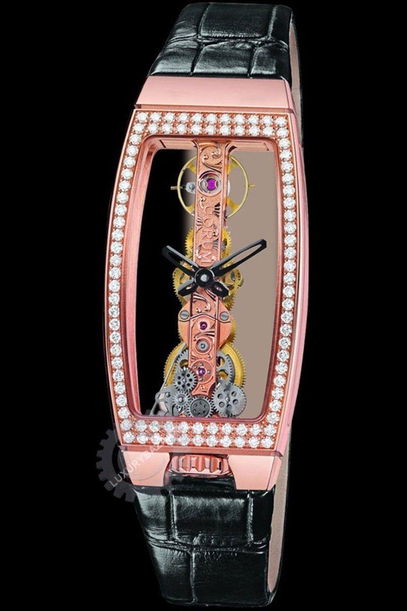 Miss Golden Bridge in Rose Gold Diamond Bezel on Black Alligator Leather Strap with Skeleton Dial