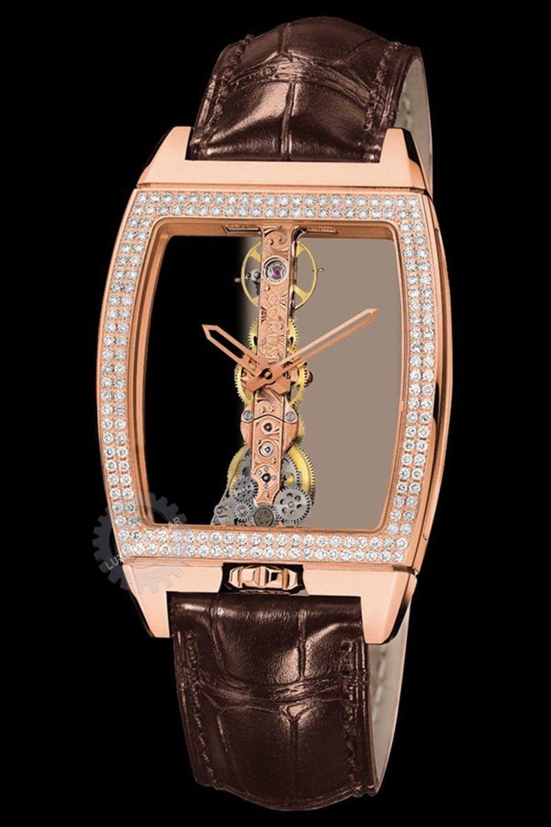 Golden Bridge in Rose Gold with Diamond Bezel on Brown Crocodile Leather Strap with Skeleton Dial