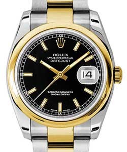Datejust 36mm in Steel with Yellow Gold Smooth Bezel on Steel and Yellow Gold Oyster Bracelet with Black Stick Dial