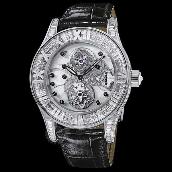 Romvlvs Tourbillon Mens Mechanical in White Gold on Black Leather Strap with Mother of Pearl Dial
