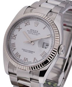 Datejust 36mm in Steel and White Gold with Fluted Bezel on Oyster Bracelet with White Roman Dial