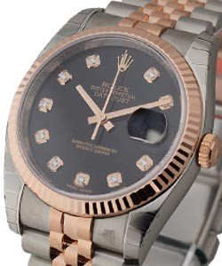 Datejust 36mm in Steel with Rose Gold Fluted Bezel on Jubilee Bracelet with Black Diamond Dial