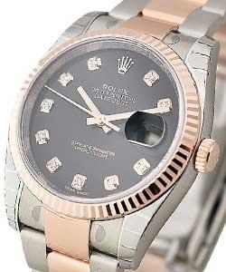 Datejust in Steel with Rose Gold Fluted Bezel on Steel and Rose Gold Oyster Bracelet with Black Diamond Dial
