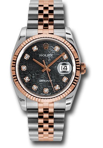 Datejust 36mm in Steel with Rose Gold Fluted Bezel on Steel and Rose Gold Jubilee Bracelet with Black Jubilee Dial