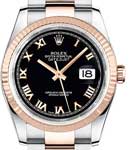 Datejust in Steel with Rose Gold Fluted Bezel on Oyster Bracelet with Black Roman Dial