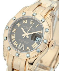 Masterpiece Lady's in Rose Gold with 12 Diamond Bezel on Rose Gold Pearlmaster Bracelet with Brown Roman Dial