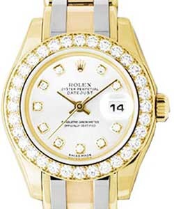 Masterpiece Ladies Tridor in Yellow Gold with Diamond Bezel on Tri Color Gold Pearlmaster Bracelet with Silver Diamond Dial