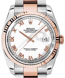 Datejust 36mm in Steel with Rose Gold Fluted Bezel on Oyster Bracelet with White Roman Dial