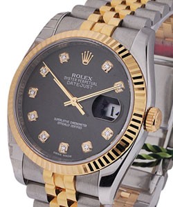 Datejust 36mm in Steel with Yellow Gold Fluted Bezel on Steel and Yellow Gold Jubilee Bracelet with Black Diamond Dial