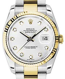 Datejust 36mm in Steel with Yellow Gold Fluted Bezel on Steel and Yellow Gold Oyster Bracelet with Silver Diamond Dial