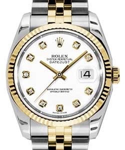 Datejust 36mm in Steel with Yellow Gold Fluted Bezel on Steel and Yellow Gold Jubilee Bracelet with White Diamond Dial