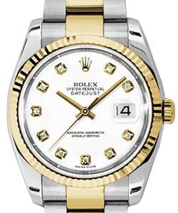 Datejust 36mm in Steel with Yellow Gold Fluted Bezel on Steel and Yellow Gold Oyster Bracelet with  White Diamond Dial