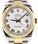 Datejust 36mm in Steel with Yellow Gold Fluted Bezel on Steel and Yellow Gold Oyster Bracelet with White Roman Dial