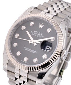 Datejust 36mm in Steel with White Gold Flueted Bezel on Bracelet with Black Diamond Dial