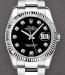 Datejust 36mm in Steel with White Gold Fluted Bezel on Oyster Bracelet with Black Diamond Dial