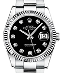 Datejust 36mm in Steel with White Gold Fluted Bezel on Oyster Bracelet with Black Diamond Dial