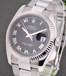 Men's Datejust 36mm with White Gold Fluted Bezel on Steel Oyster Bracelet with Black Roman Dial