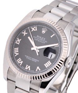 Men's Datejust 36mm with White Gold Fluted Bezel on Steel Oyster Bracelet with Black Roman Dial