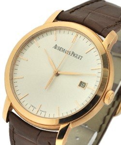 Jules Audemars Automatic with Date in Rose Gold on Brown Leather Strap with Silver Dial