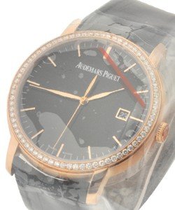 Jules Audemars Automatic in Rose Gold with Diamond Bezel on Black Leather Strap with Black Dial