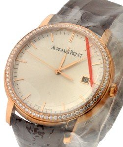 Jules Audemars Automatic in Rose Gold with Diamond Bezel on Brown Crocodile Leather Strap with Silver Dial