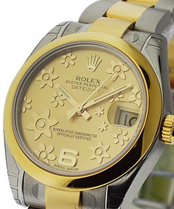Datejust in Steel with Yellow Gold Domed Bezel on Steel and Yellow Gold Oyster Bracelet with Champagne Floral Dial