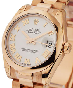 DateJust Mid Size 31mm in Rose Gold with Domed Bezel on Rose Gold President Bracelet with White Roman Dial