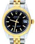 Midsize 31mm Datejust in Steel with Yellow Gold Fluted Bezel on Jubilee Bracelet with Black Stick Dial