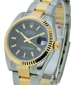 2 -Tone Datejust Mid Size with Yellow Gold Fluted Bezel on Oyster Bracelet with Black Stick Dial