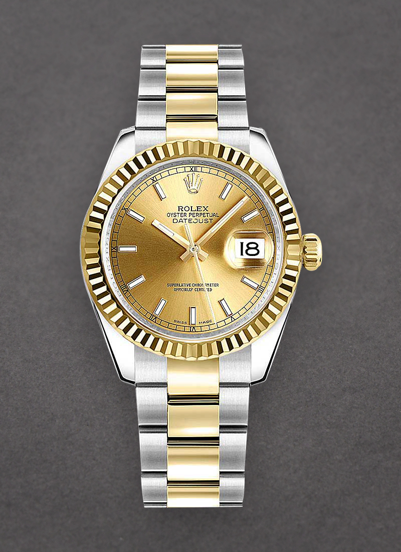 Rolex Unworn Datejust 31mm Midsize in Steel with Yellow Gold Fluted Bezel