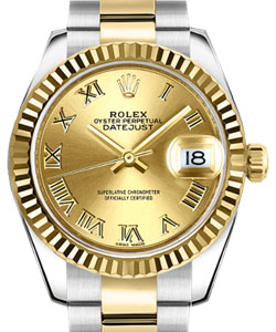 Datejust 31mm Mid Size in Steel with Yellow Gold Domed Bezel on Oyster Bracelet with Champagne Roman Dial