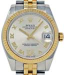Midsize Datejust 31mm in Steel with Yellow Gold Fluted Bezel on Jubilee Bracelet with Silver Roman Dial - Diamonds on 6