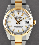 Datejust 31mm in Steel with Yellow Gold Domed Bezel on Oyster Bracelet with White Stick Dial