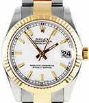 Datejust 31mm in Steel with Yellow Gold Domed Bezel on Oyster Bracelet with White Stick Dial