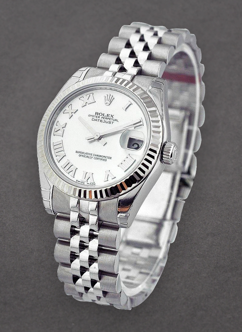 Rolex Unworn Mid Size Datejust 31 in Steel with White Gold Fluted Bezel